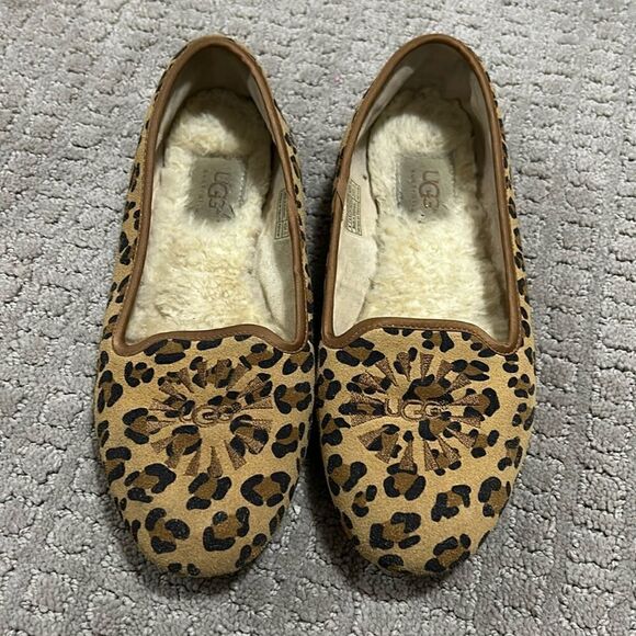 UGG Alloway Leopard Print Sherpa Lined Smoking Loafers Suede Flat Shoe - Picture 1 of 8